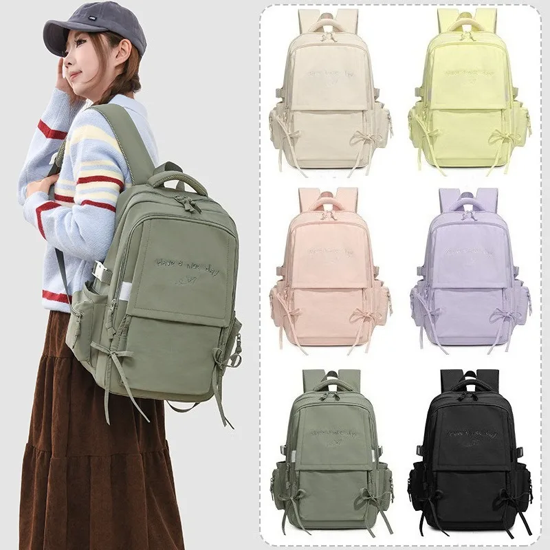 Solid Color Minimalist Women Backpack Japanese Casual Daypack College Student School Bag Light Waterproof Large Travel Rucksack