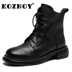 Koznoy Women's Ankle Boots 3cm Cow Genuine Leather Mid Calf Spring Autumn Plush Winter Flats British Big Size Comfy Ladies Shoes