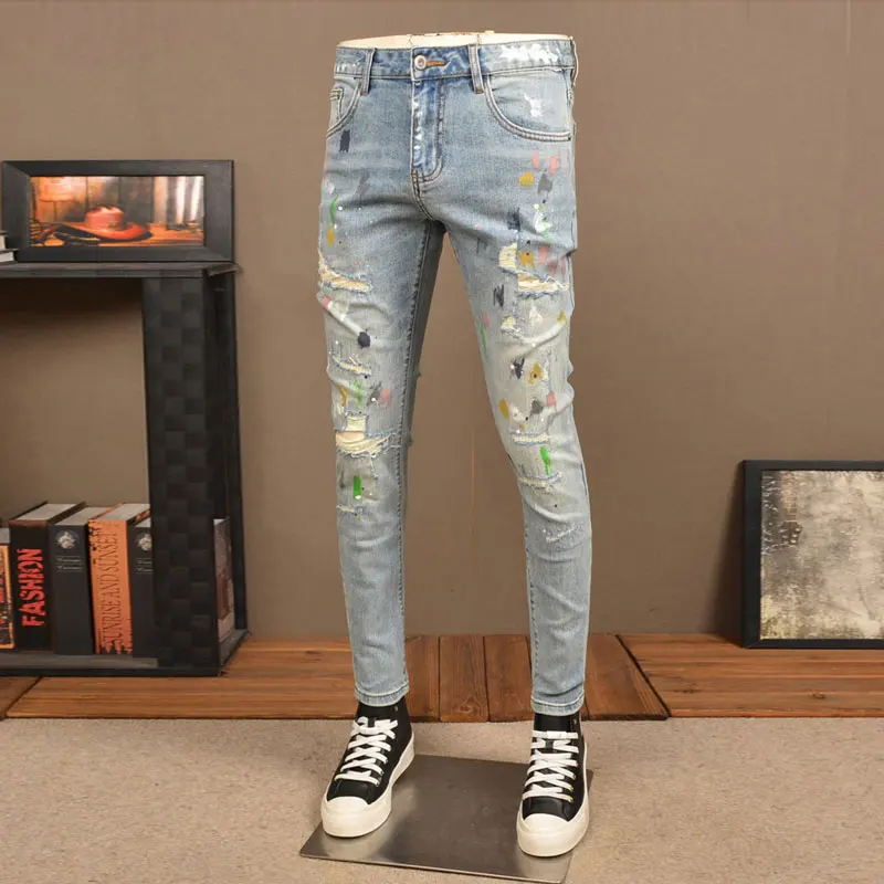 Pantalones vaqueros rasgados Vintage para Hombre, Jeans Retro elásticos, ajustados, diseño pintado, Hip Hop, moda urbana, azul