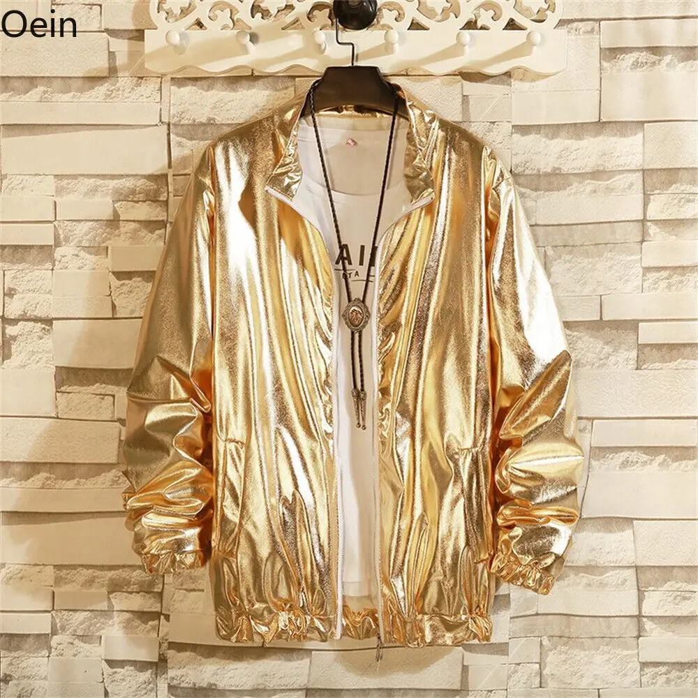 Men's Metallic Jacket Lightweight Zip Up 70s Disco Shiny Jackets Baseball Bomber