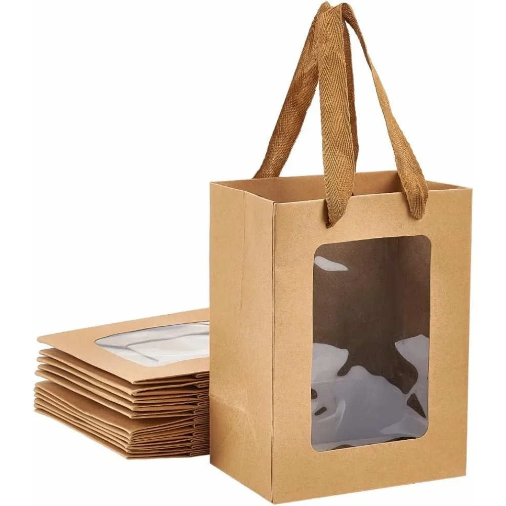 

12 Pcs Kraft Paper Gift Bags With Clear Window 7.9x5.9x4.1inch Tote With Handles for Shopping Birthday Bridal Shower Festival