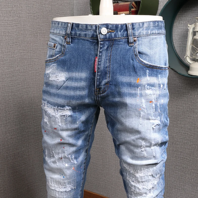 Street Fashion Men Jeans Retro Light Blue Stretch Slim Fit Ripped Jeans Men Patched Vintage Designer Elastic Denim Pants Hombre