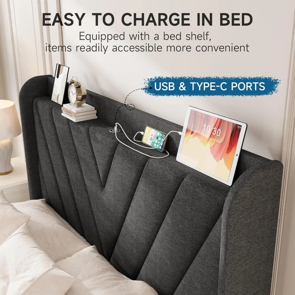 Queen Bed Frame with Headboard, Adjustable Upholstered Platform Bed Frame, Solid Wood Slats Support, No Box Spring Needed