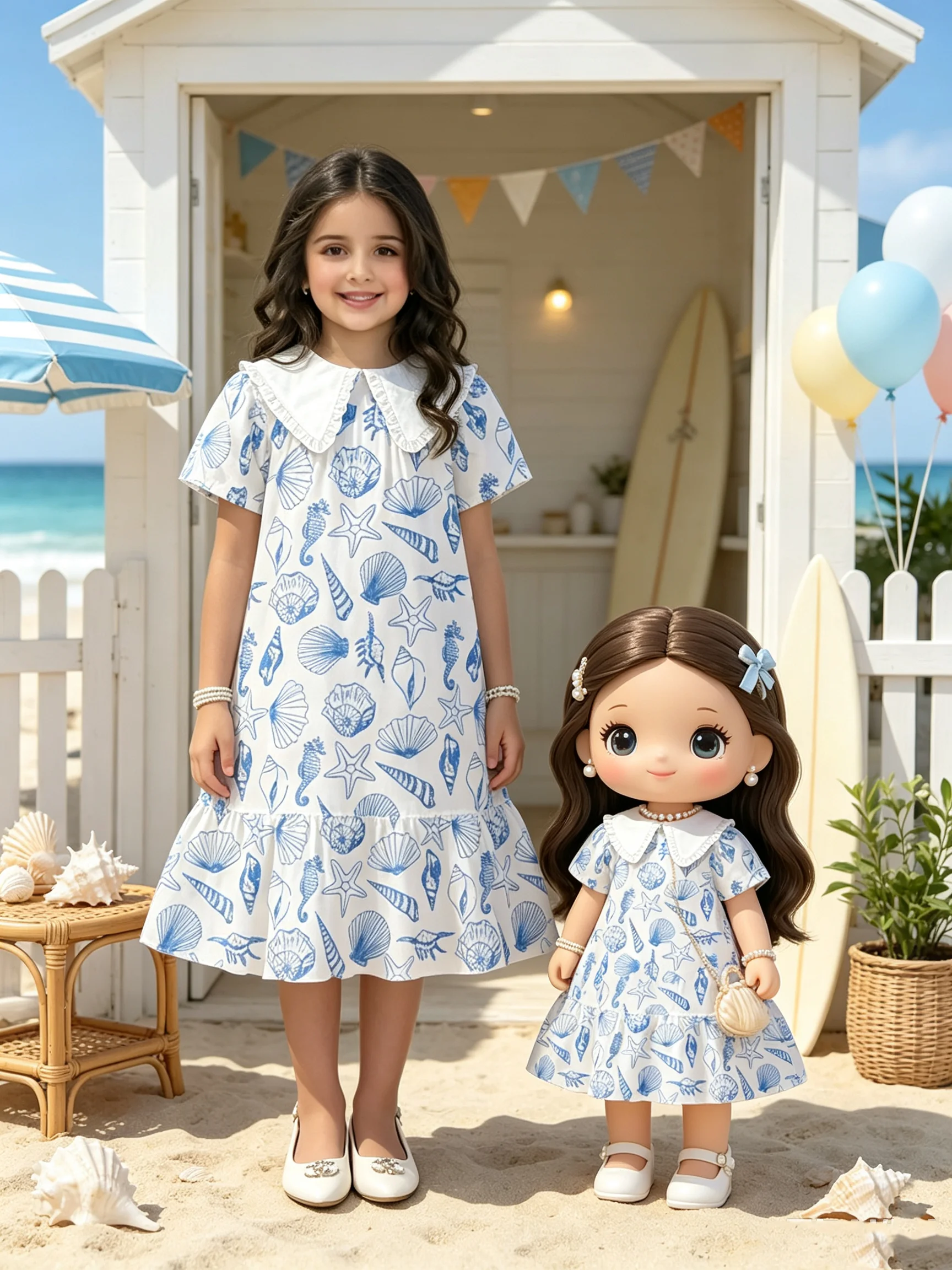 Girls round Neck Loose Dress Short Sleeved Fake Two-Piece Collar Shell Starfish Print A-Line Skirt Children's Clothing