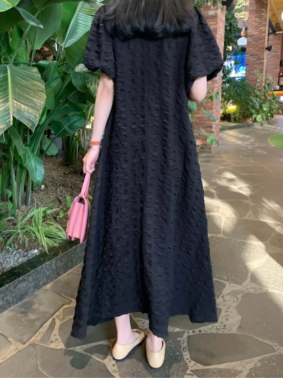 Vestido F Novo Estilo de Verão, Solto, Manga Bufante, Longo, Branco, Textura Amassada, Estilo Casual para Primavera e ...