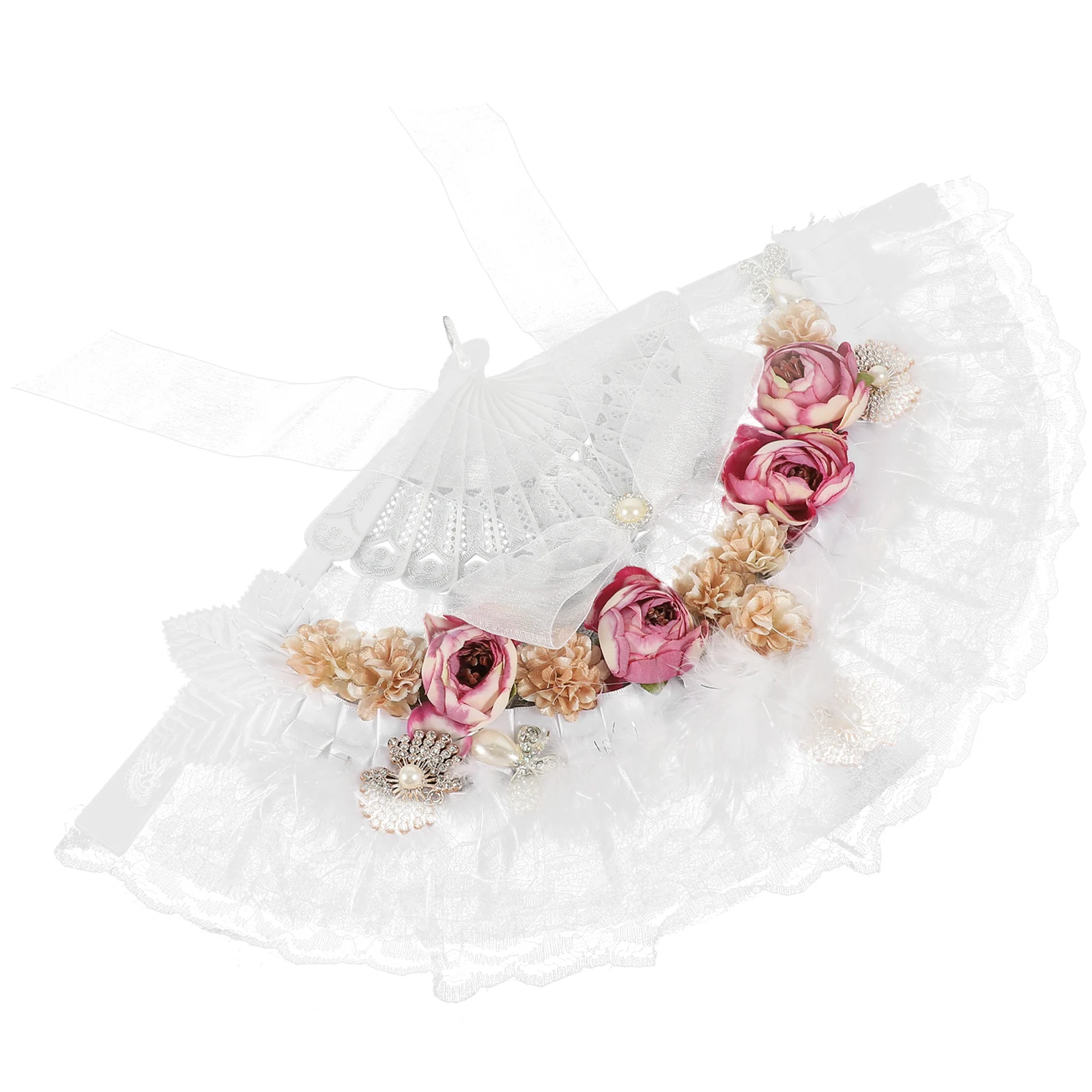 

Handheld Fan Flower Bridal Ornament Delicate Lace Hold Foldable White Bride