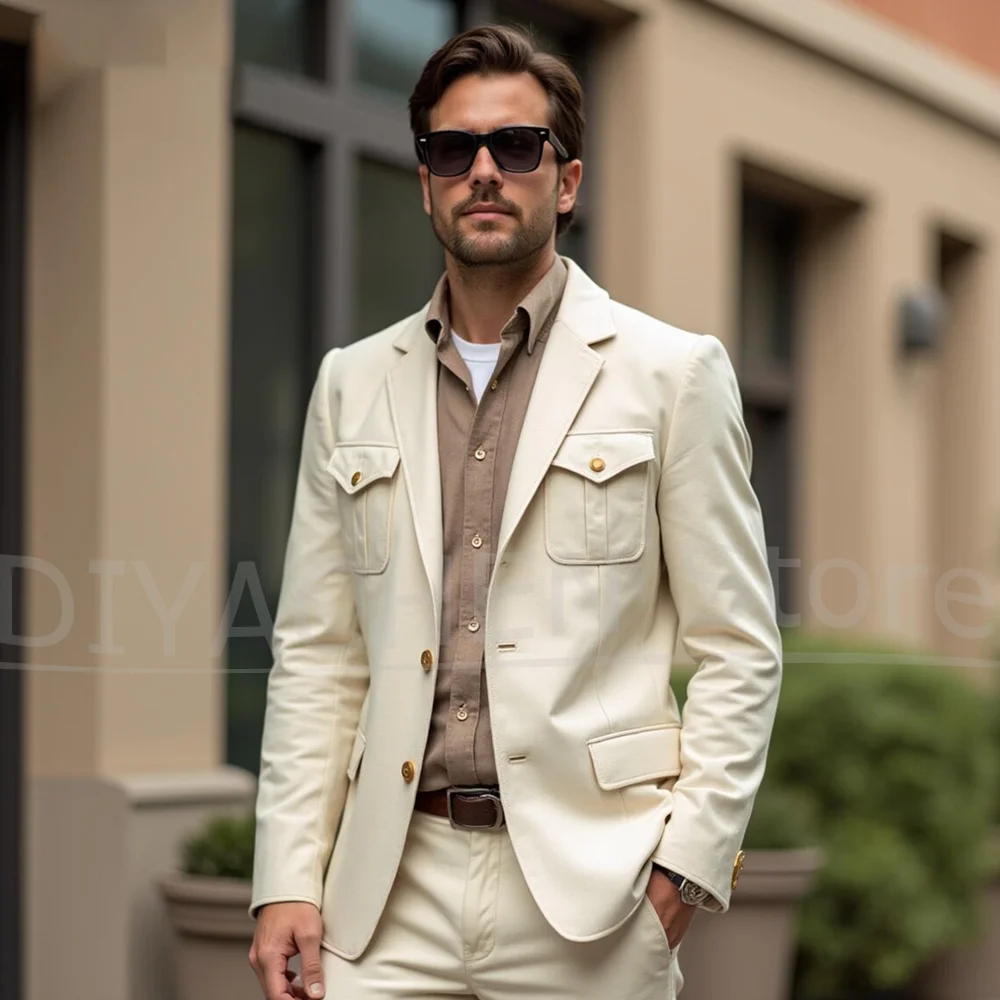 Men's Beige Multi-Pocket Suit Set Single Breasted Casual Outdoor Style Wear Comfortable Travel Leisure Male Suit 2 Piece