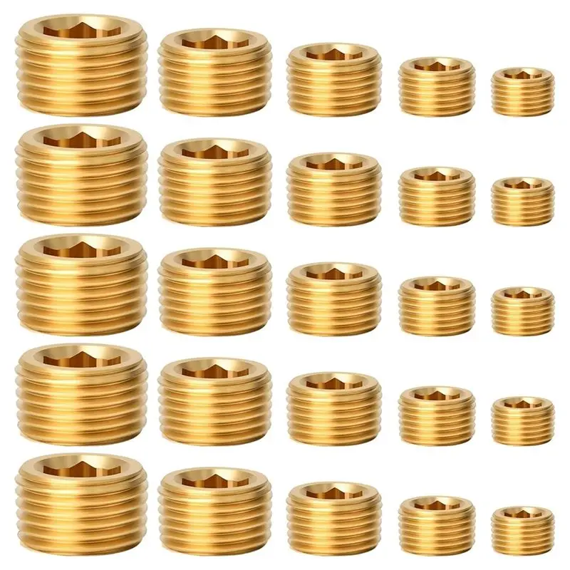 AT21-Pipe Plug Fitting,1/8 1/4 3/8 1/2 3/4In Male Internal Hex Thread Socket Pipe Plug Fitting Assortment Kit