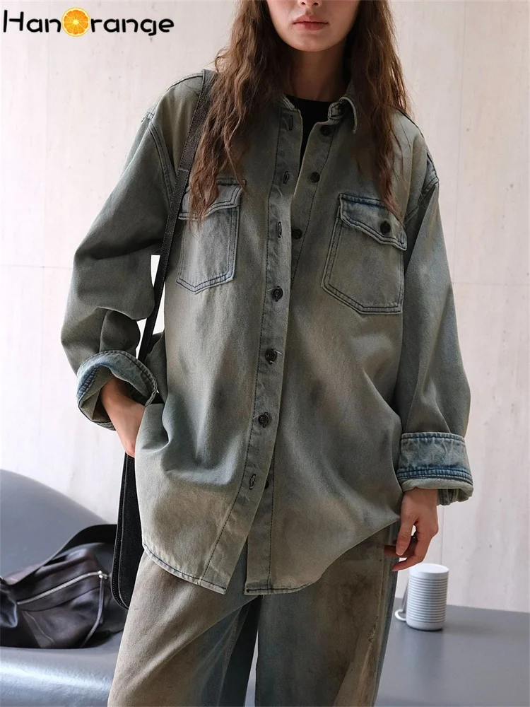 

HanOrange 2024 Autumn Washed Old Blue Cowboy Silhouette Shirt Women Loose Casual Single Breasted Denim Coat