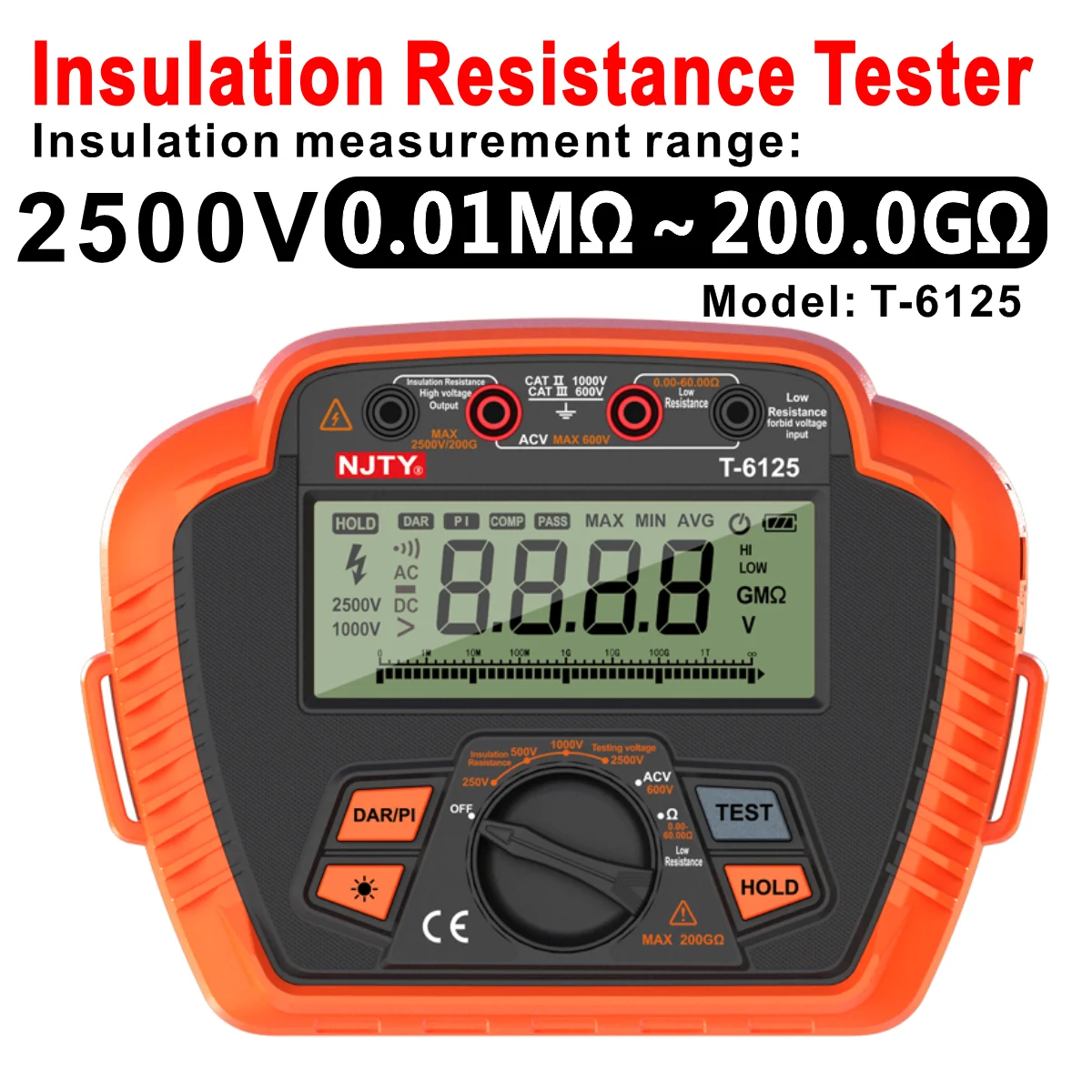 NJTY Tester rezystancji izolacji 1000 V/2500 V Cyfrowy megaomomierz, MAX 20 GΩ/200 GΩ, pomiar współczynnika absorpcji niskiej rezystancji