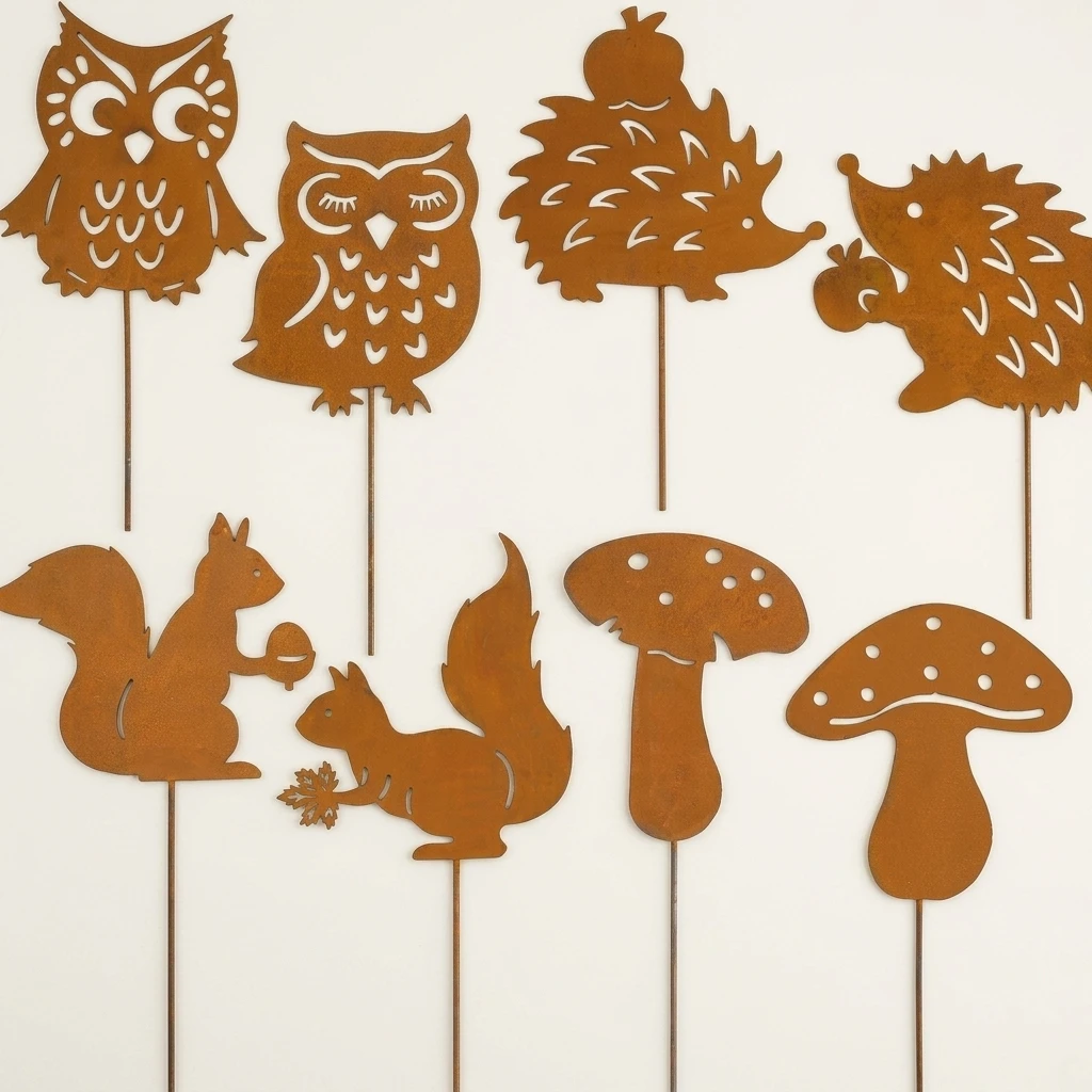Vibrant Garden Stakes Metal Animal Ornaments for Yard Decor Rust-proof Owl Mushroom Squirrel Hedgehog Outdoor Art Supplies
