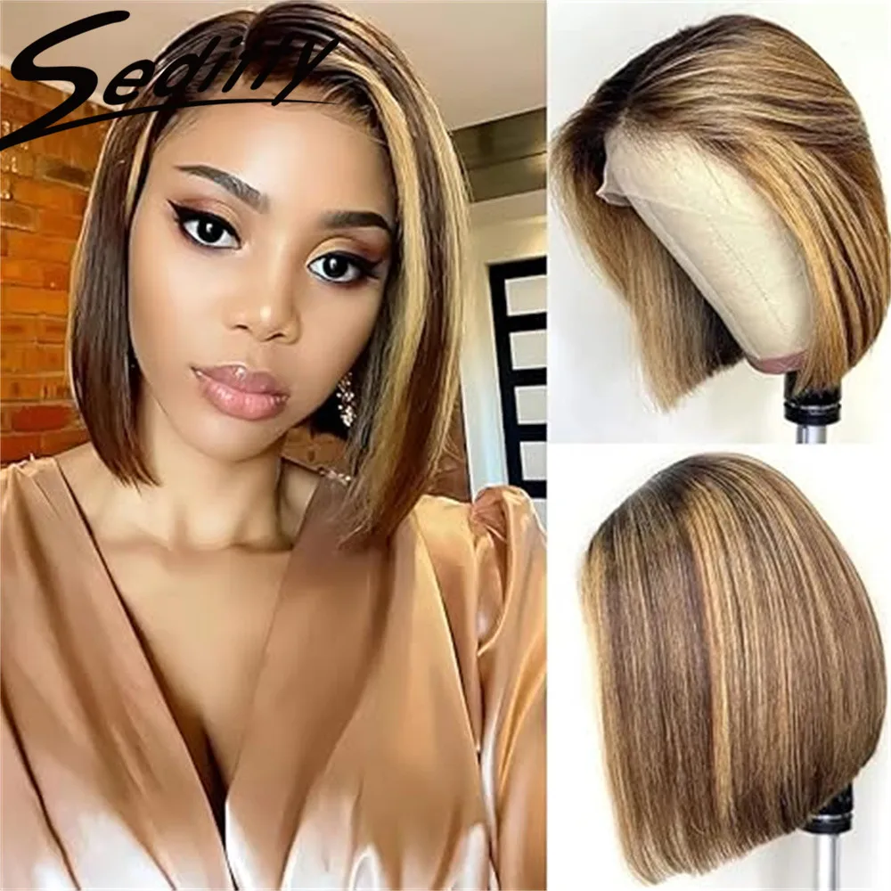 

Wig Human Hair 4/27 Honey Blonde Bob Lace Front Wig 13x4 lace Hd For Woman Black And Blonde Bob Short Straight Wig 200% Density