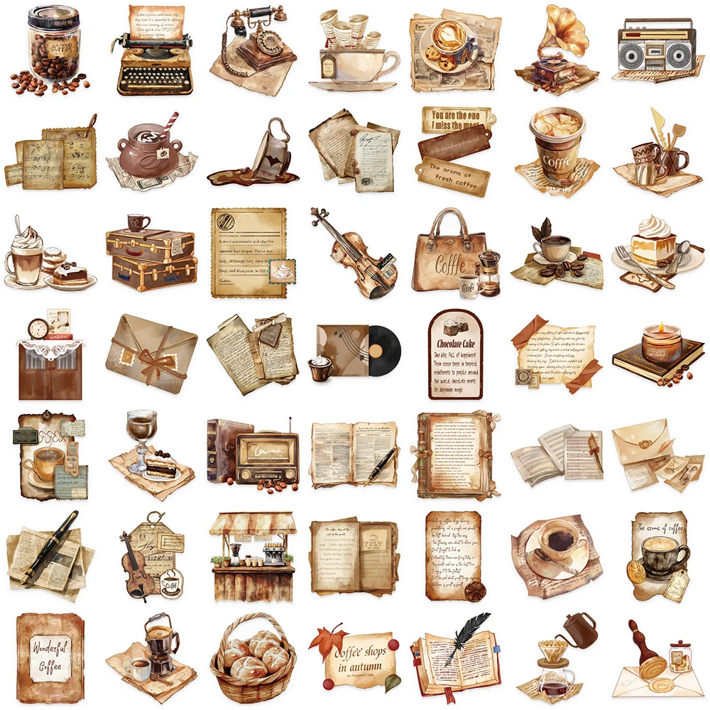 10/30/50pcs Transparent Ins Retro Coffee Stickers Waterproof Transparent PET Ledger Material Decor Guitar Notebook Stationary image 6