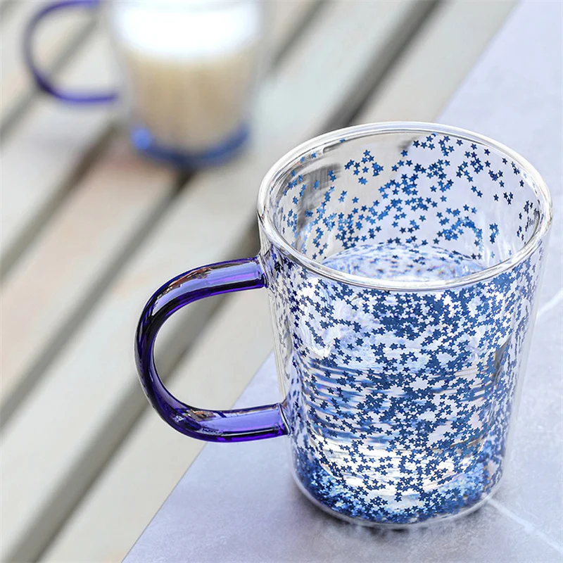 300ml Double Wall Starry Sky Glass Mug With Handle Coffee Milk Cup Bubble Star Glitters Fillings Tea Juice Water Glass Drinkware