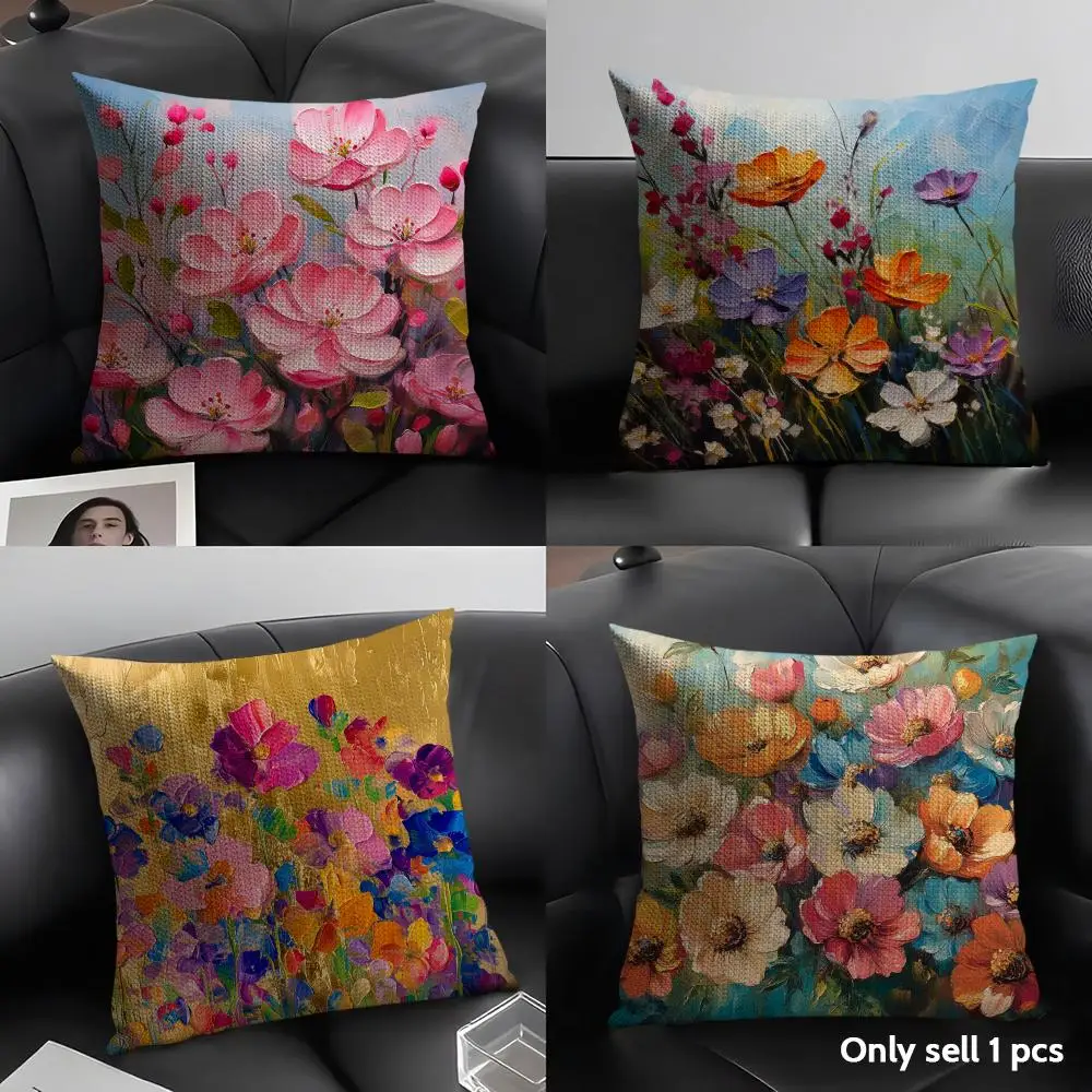 Oil Painting Floral Cushion Cover Natural Linen Pillow Case Organic Fabric Double Sided Print Sofa Home Decor Gift