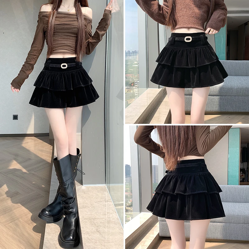 Women 2026 Fall Winter Velvet Tiered Skirt High Waist A-line Mini Cake Skirt With Belt Sweet Hot Girl Puff Skort