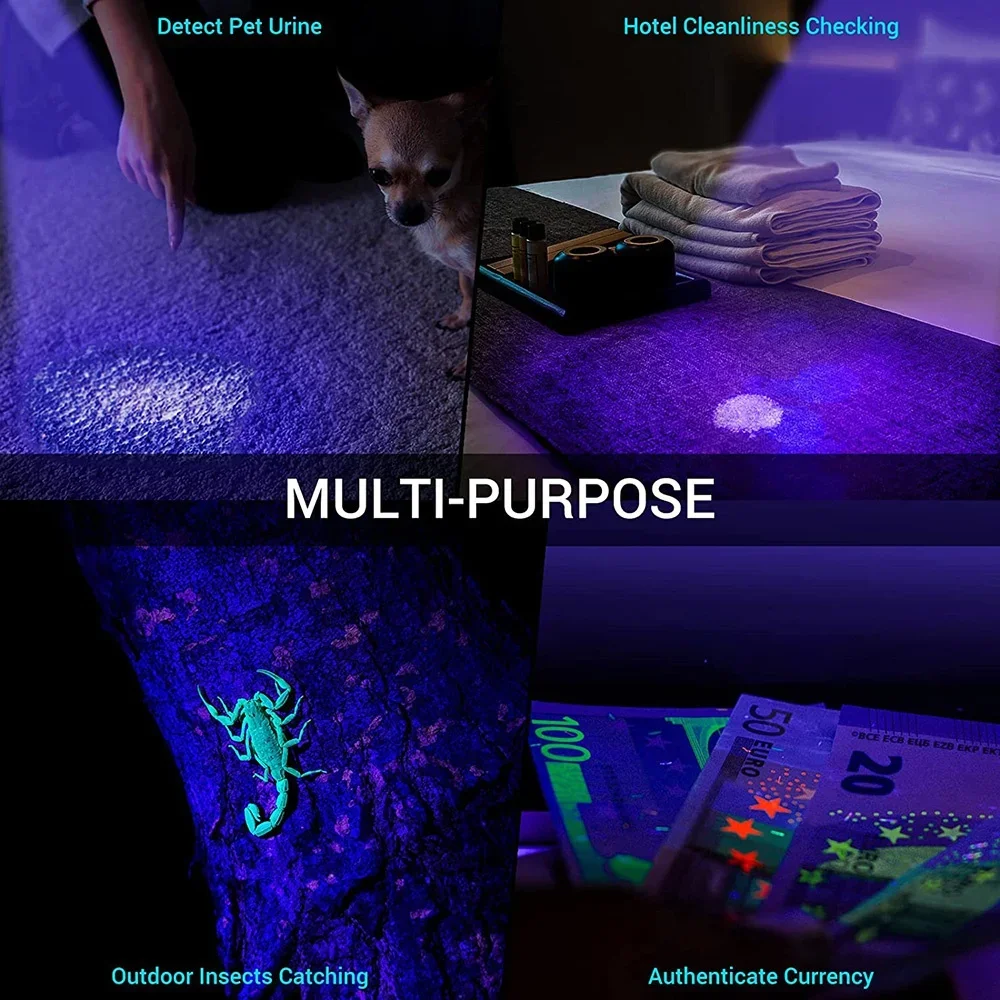 395nm UV Flashlight Blacklight Zoomable USB Rechargeable UV Light Ultraviolet Flashlight Pet Urine Detection Resin Curing Torch