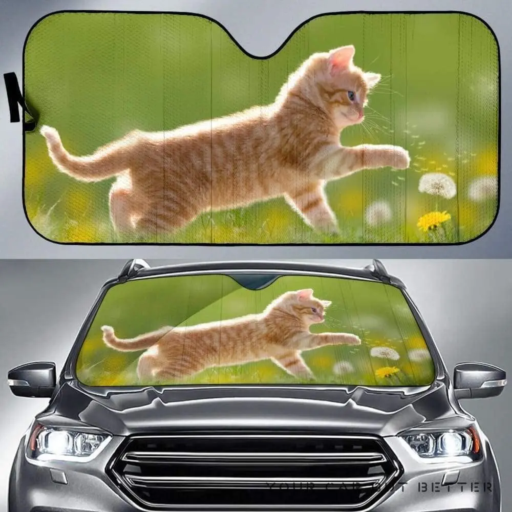 Cute Cats Playing with Dandelion Flowers Under Sun Image Car Sunshade, Baby Cat Cute Kitten Pet Lover Auto Sun Shade, Windshield