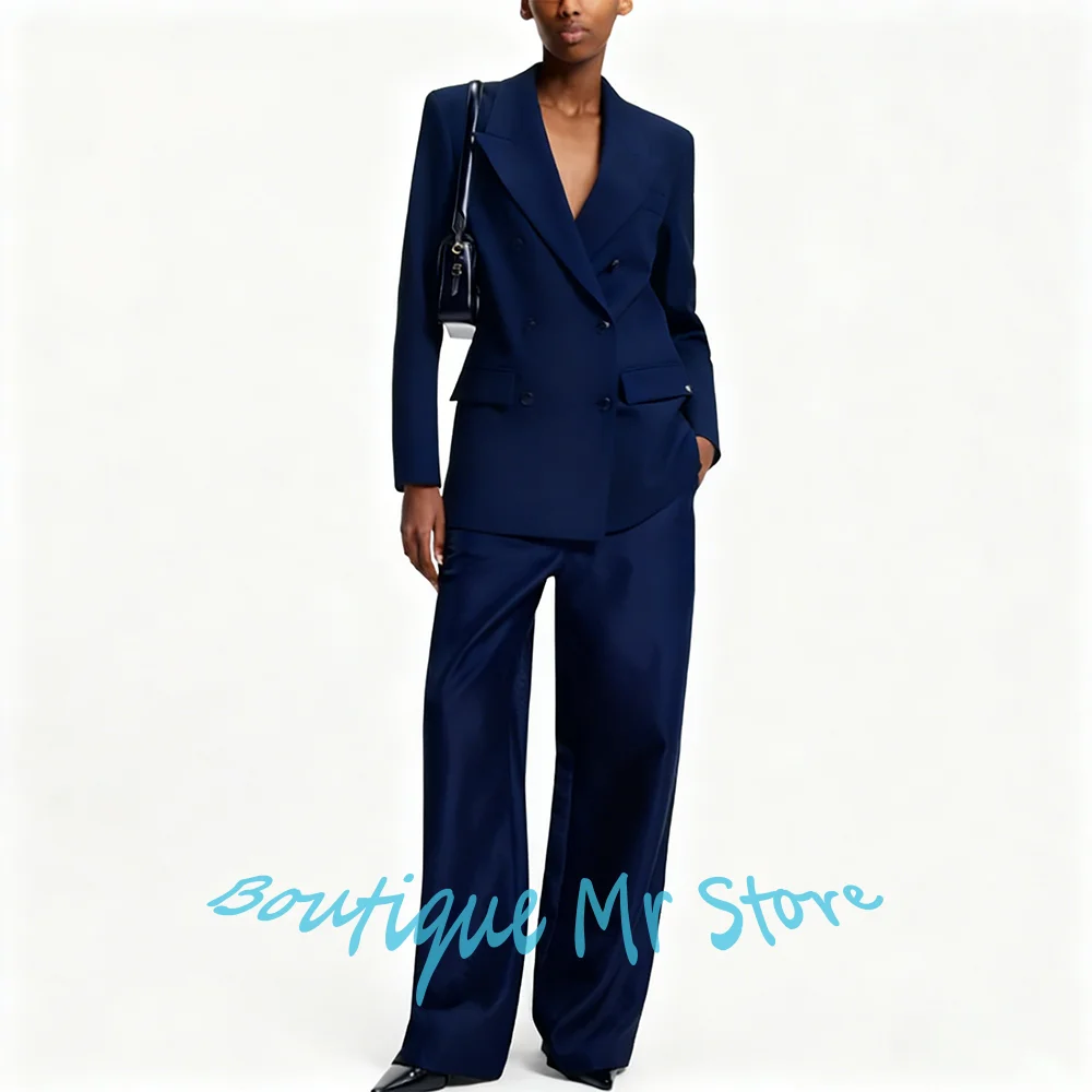 Tailored Women's Double-Breasted Jacket and Satin Wide-Leg Pants Professional 2Piece Set Minimalist Elegant Office Ensemble