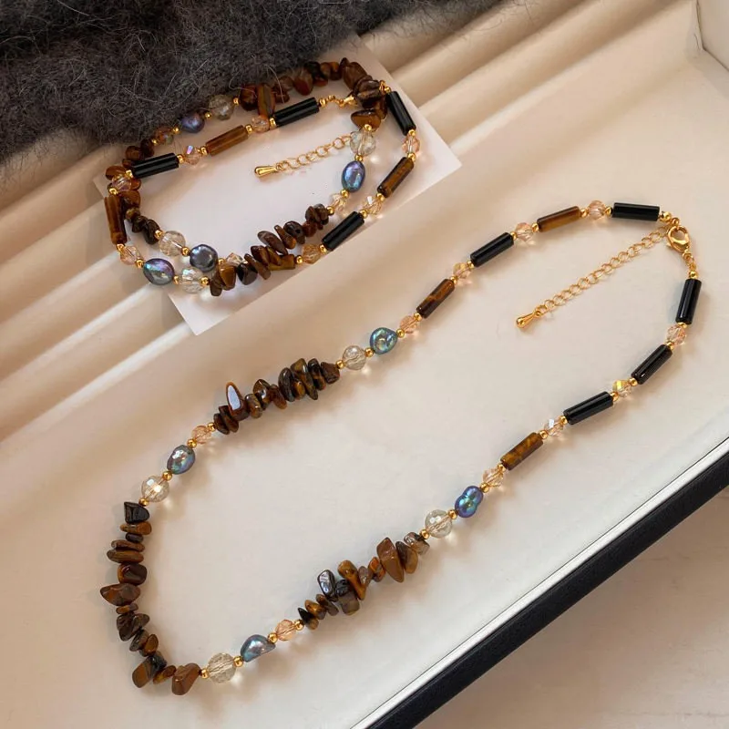 

Minar Retro Irregular Natural Stone Tiger Eyes Freshwater Pearl Glass Beads Beaded Necklace for Women Real Gold Copper Chokers
