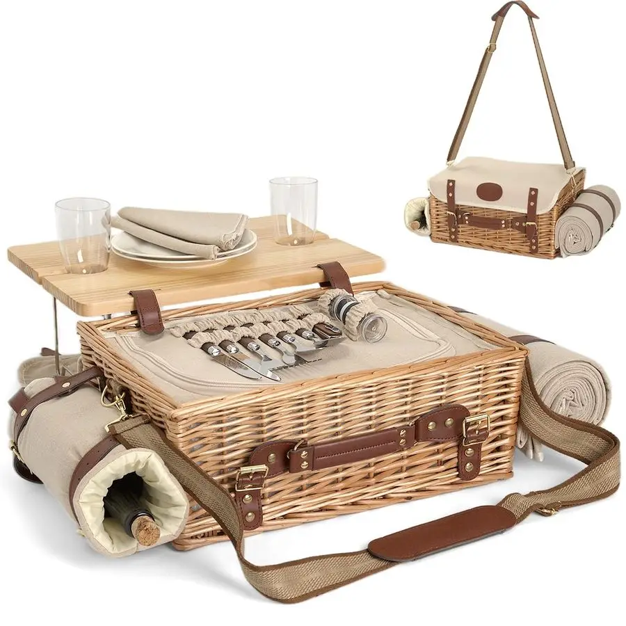 

Wicker Picnic Basket Set for 2 with Blanket and Picnic Table, Insulated Picnic Set with Full Tablewares for Camping Outdoor Coup