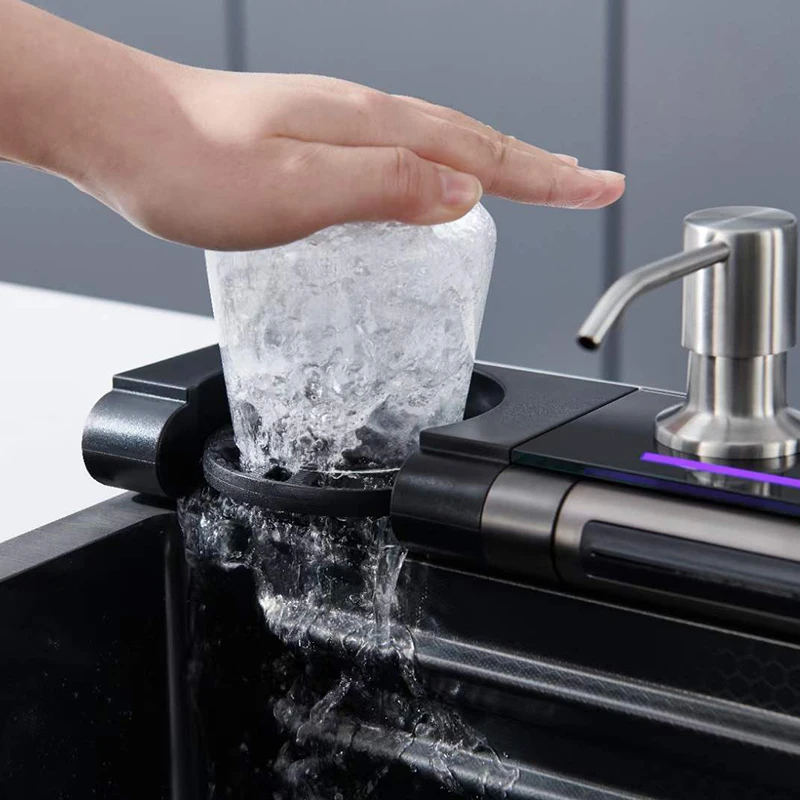 304 Kitchen Sinks Double Vessel Kitchen Sink With Digital Display Piano Button Waterfall Wash Sink Stainless Faucet