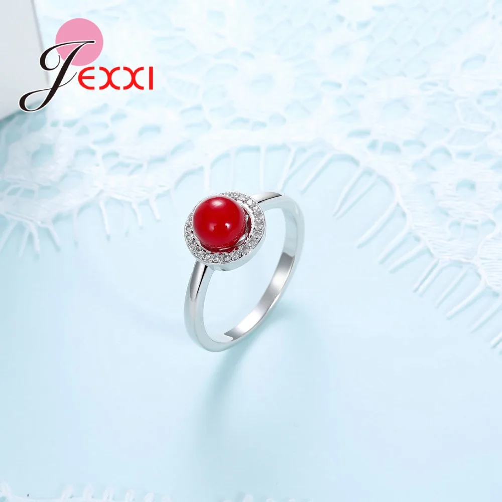 Simple Style 925 Sterling Silver Color Rings Round Setting Austrian Crystal CZ Engagement Women Jewelry Red Color Ball Ring