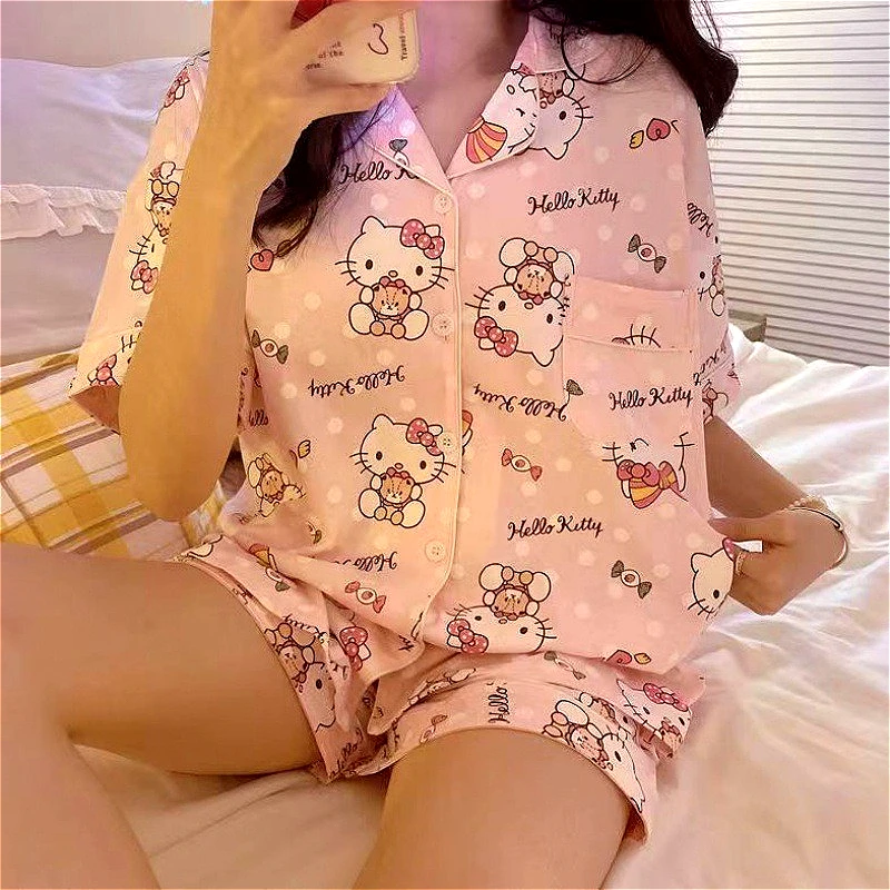 

Hello Kitty Sweet Girls Pajama Sets Loose Sanrio Cartoon Student Loungewear Set Tops Shorts Cute Womens Soft Nightgown Sleepwear