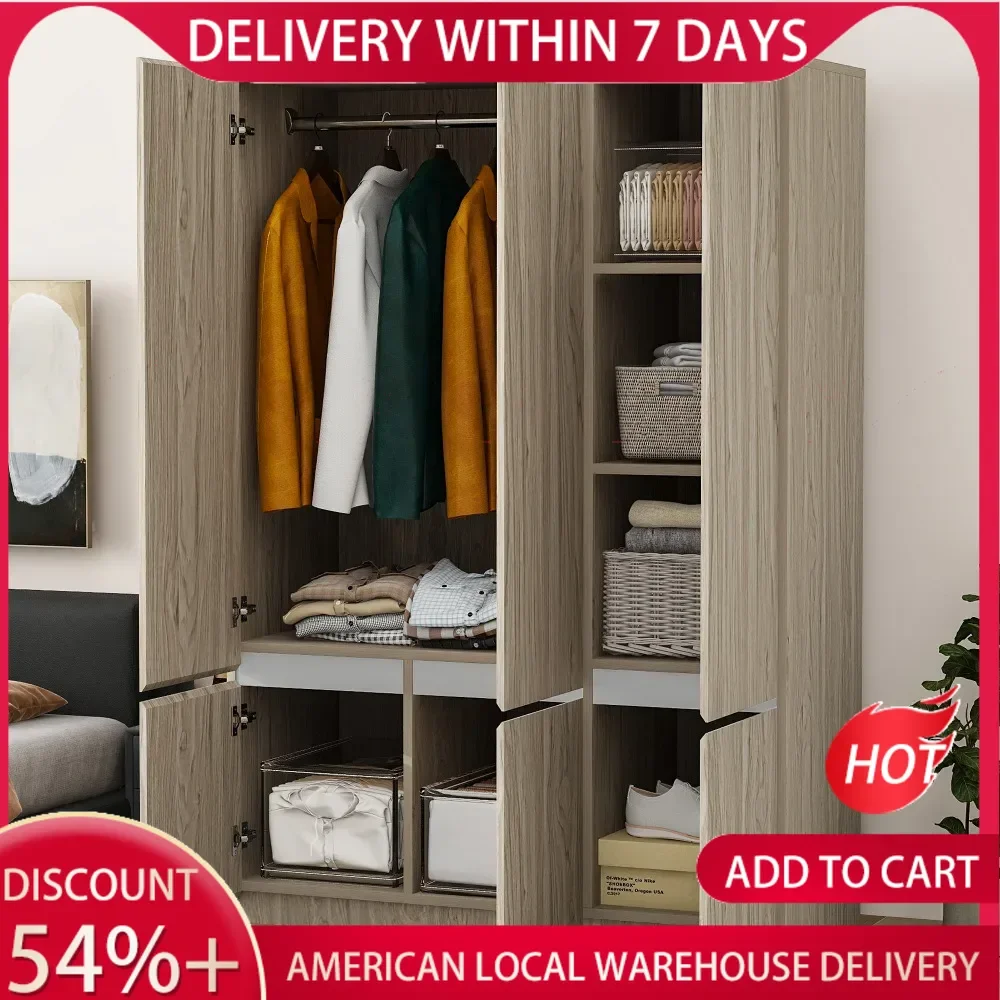 

Large 6 Door Wooden Wardrobe with Hanging Rail And 7 Storage Compartments Bedroom Clothes Organizer Natural Finish