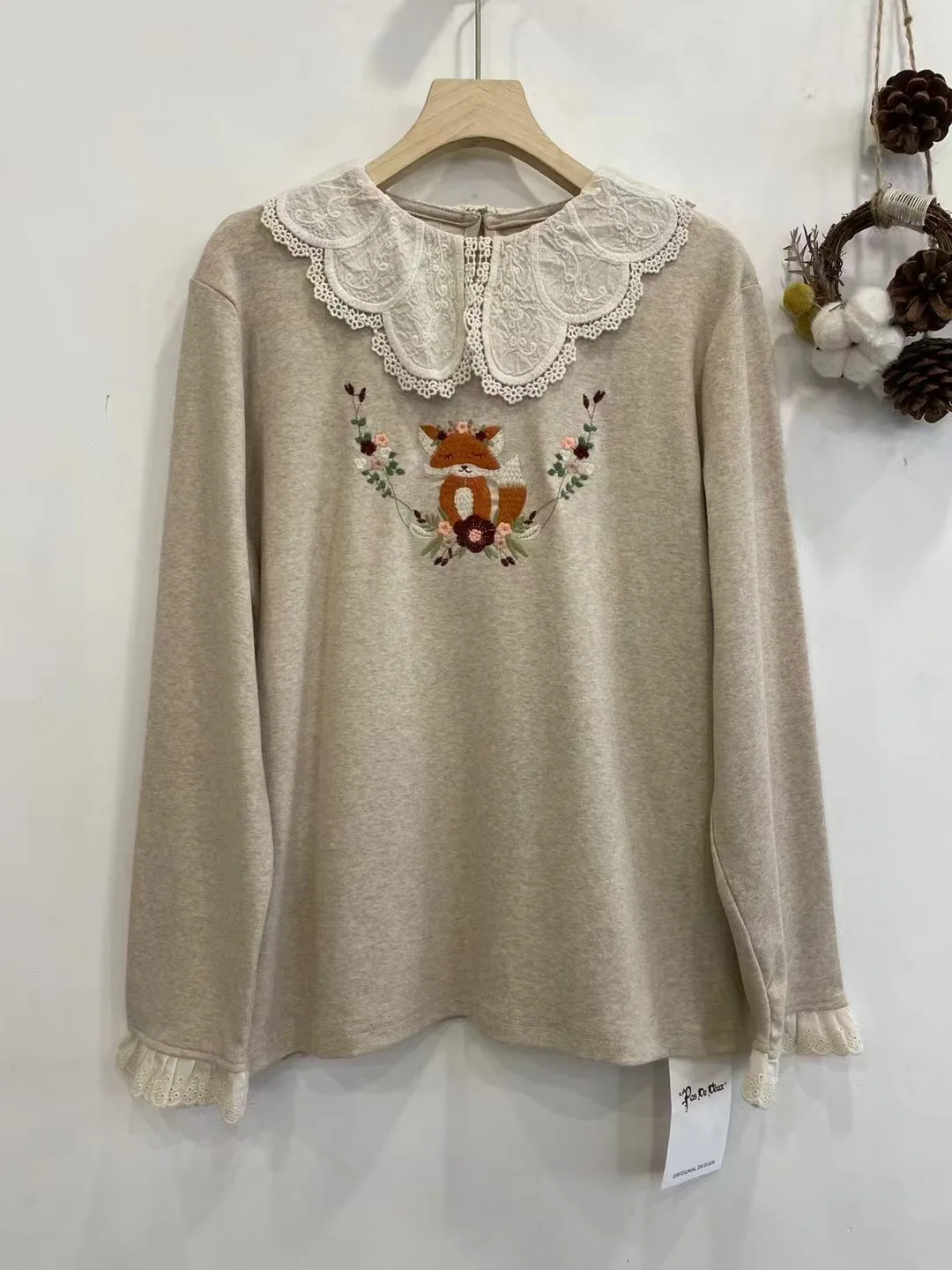 2025 Mori kei Japanese fashion lace crochet collar cartoon embroidery t shirt women pullover cotton long sleeve basic tops