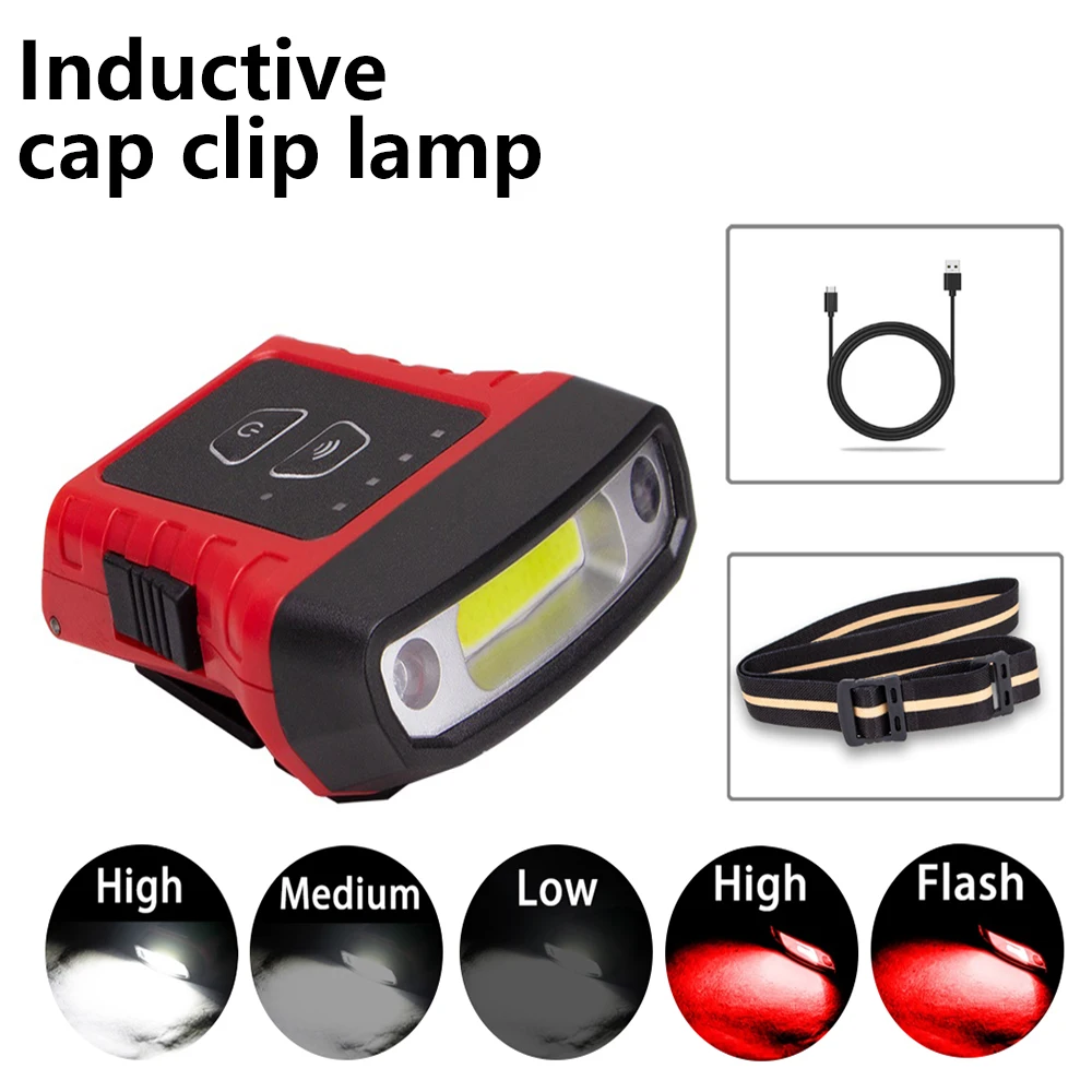 2 in 1 Cap Light Headlight 5 Modes White Red COB LED Headlamp USB Charging Head Lamp Inductive Head Cap Hat Light Clip on Lights