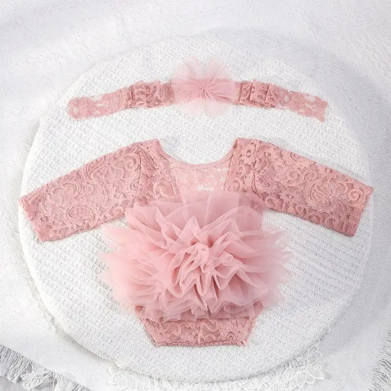 Infant Photo Dress Set Delicate Lace And Headpiece Soft Mesh Material For Newborn Portrait