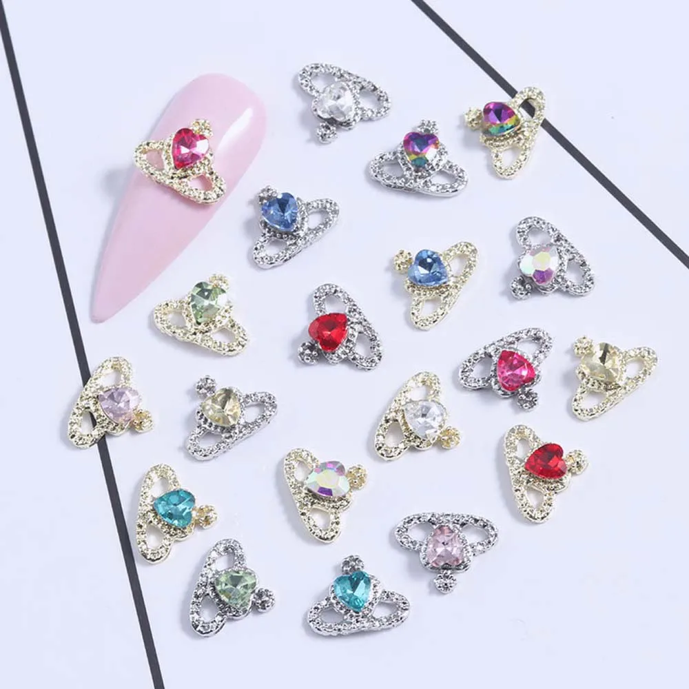 10pcs Sparkle Heart Planet Nail Art Charm 3D Shiny Alloy Metal Heart Crystal Planet Nail Decoration DIY Luxury Nail Accessories