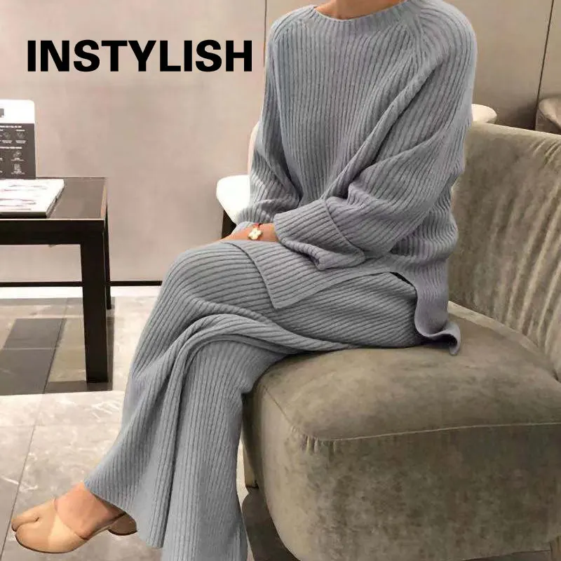 Women Elegant Sweater Suit Elegant Knitted Two Pieces Set Autumn Winter Oversized Pullover and Trousers Suit Female Outfits 2022