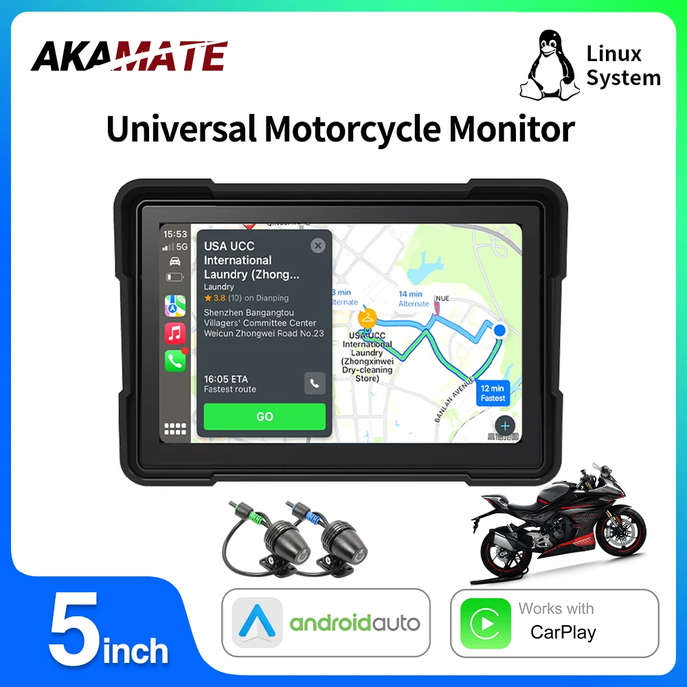 5 inch Motorcycle Monitor CarPlay Navigation Android Auto Waterproof IPS Screen AUX Bluetooth for Motor Harley Yamaha Kawasaki