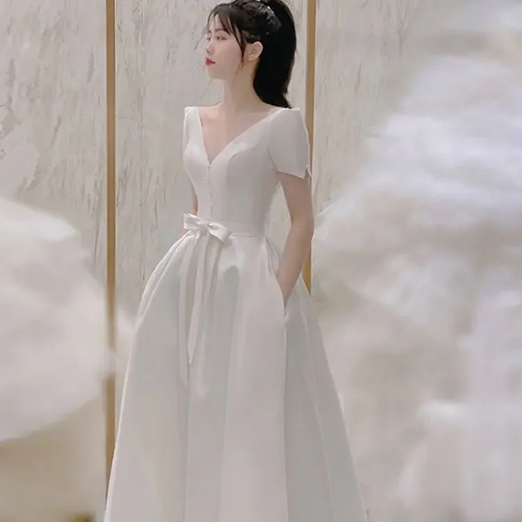 French light wedding dress white satin evening dress women's 2025 new banquet design engagement dress