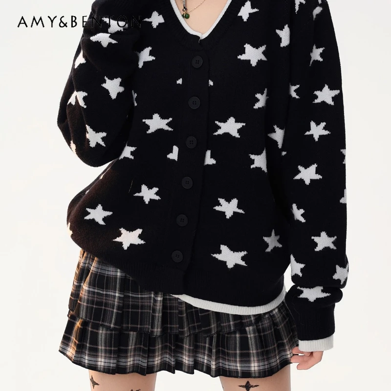 

American Retro Design Star Jacquard Fake Two-Piece Knitted Women's Cardigan Autumn Winter V-Neck Gentle Warm Coat Sweater Ladies