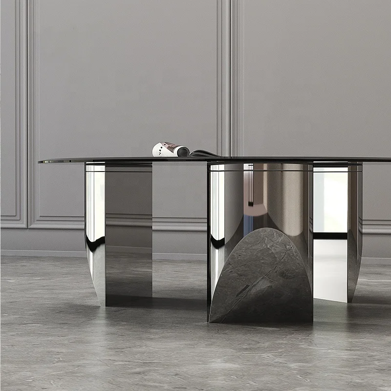 Luxury Modern Furniture Set Shiny Glossy Silver Stainless Steel Leg Black Tempered Glass Top Floating Coffee Table Manufacturer