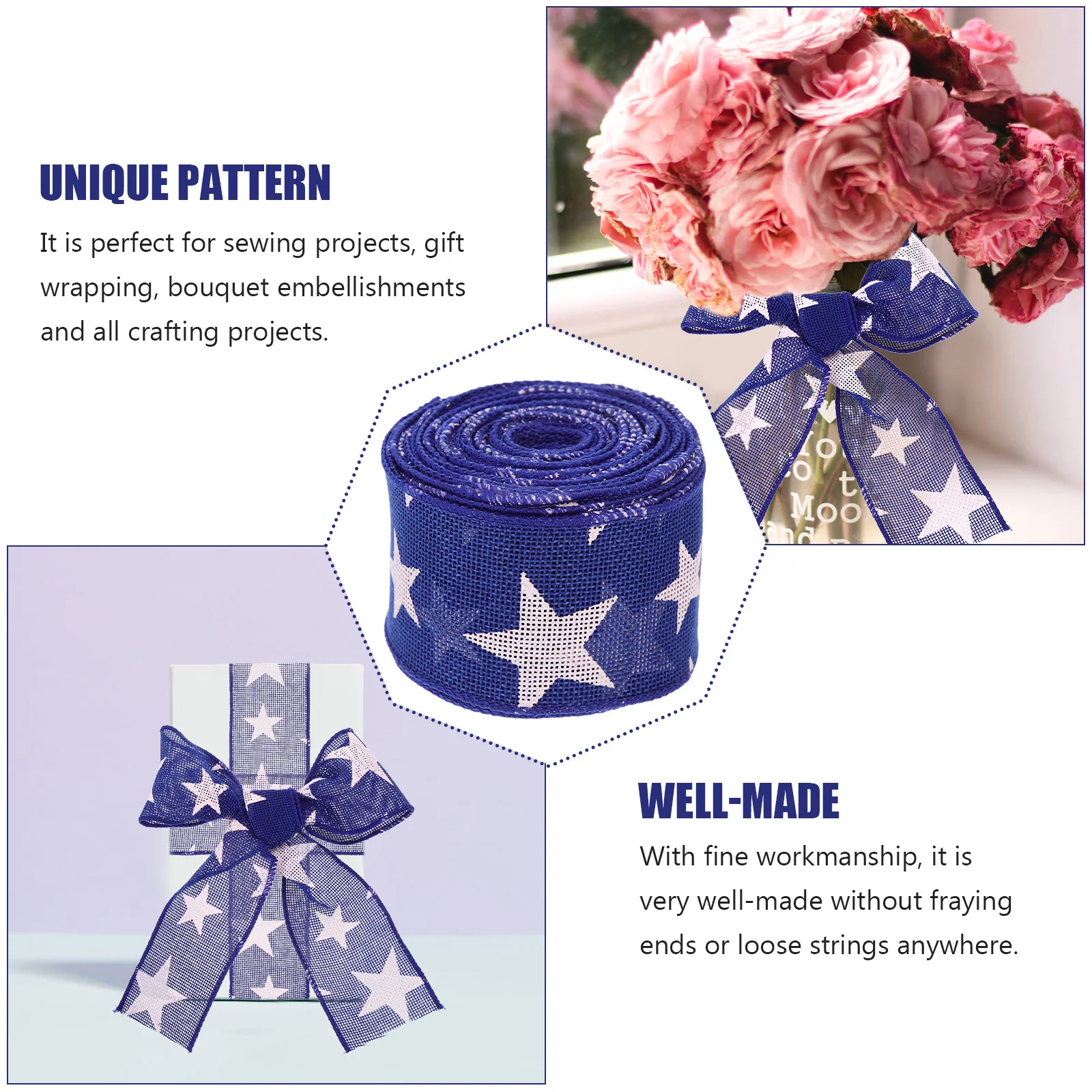 

1 Roll Independence Day Diy Ribbon Premium Polyester 5-Layer Star Print Craft Tape For Gift Wrapping Bouquet Decoration
