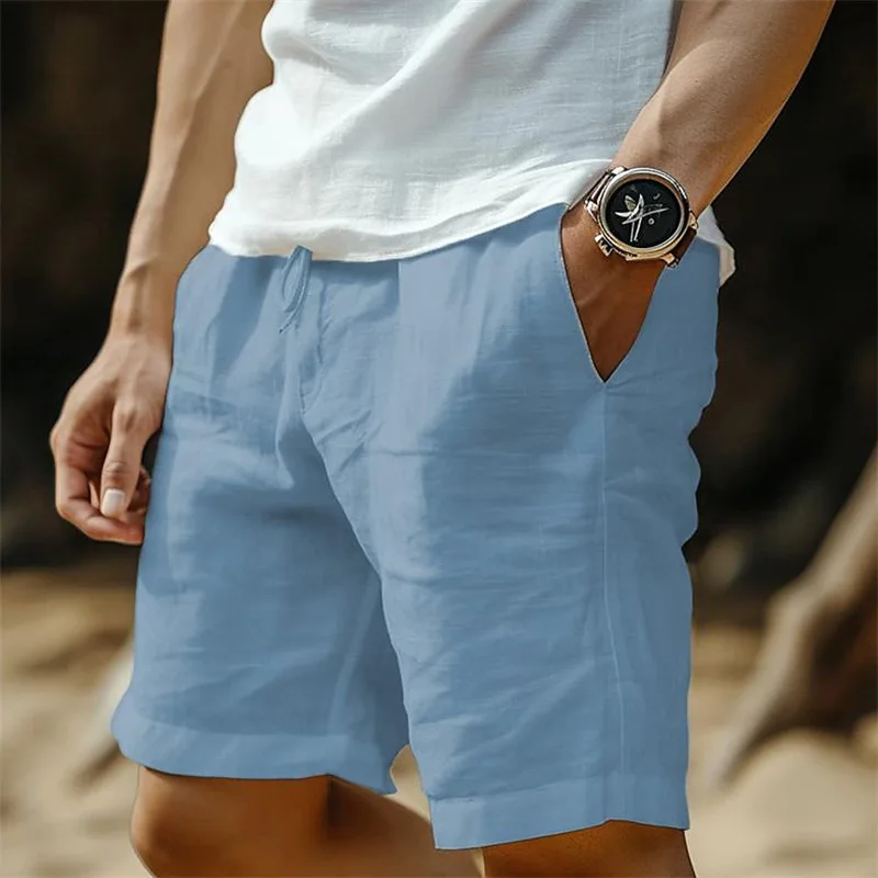 Linen Shorts Pants Drawstring Elastic Waist Straight Legs Solid Color Breathable Daily Beach Five-point Casual Pants