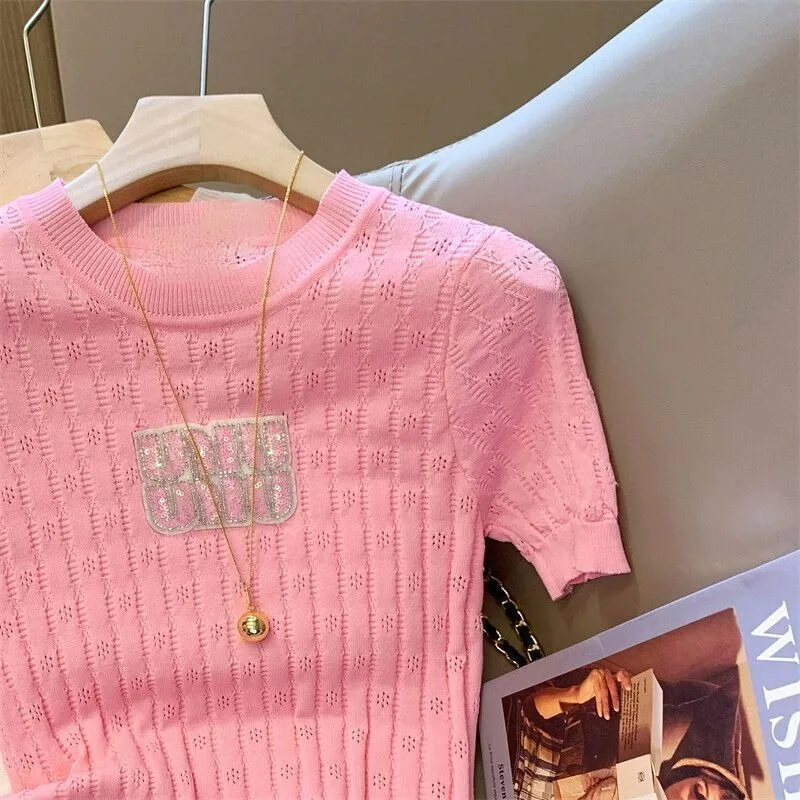 المتناقضة اللون رسالة مرصع الماس قصيرة الأكمام محبوك المرأة 2025 صيف جديد الحبيب التوابل فتاة تي شيرت #5