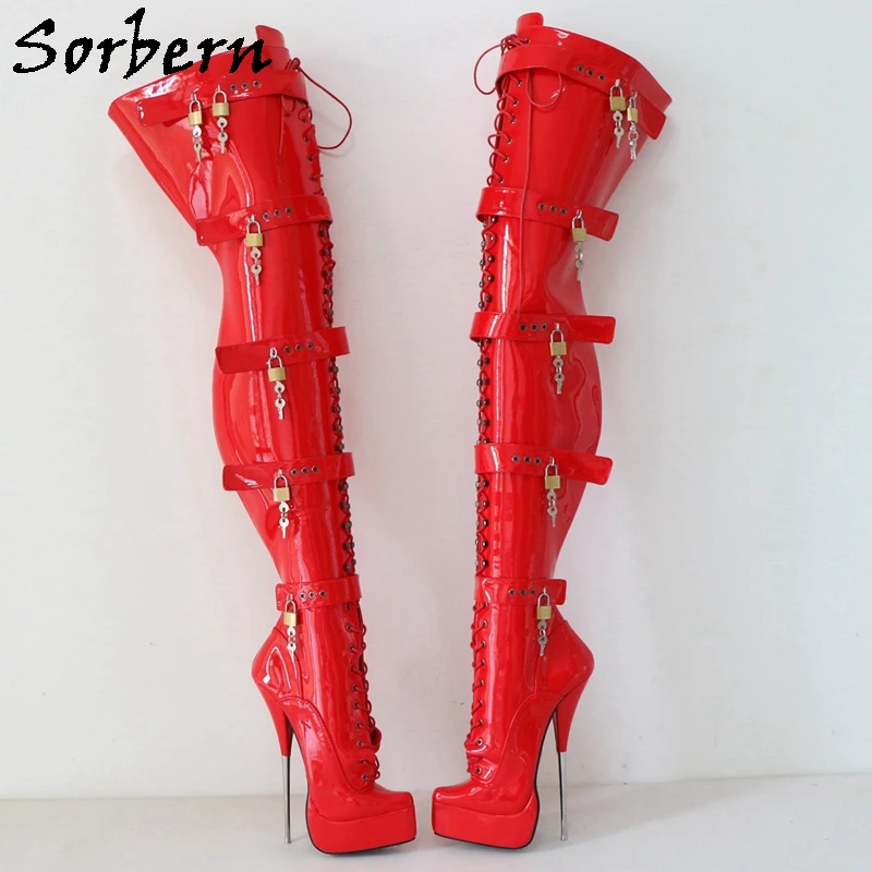 Sorbern Sexy Ballet Boots donna chiusura a chiave cerniera cavallo piattaforma tacco alto in metallo stivale lungo Lace Up Fetish Drag Queen scarpa