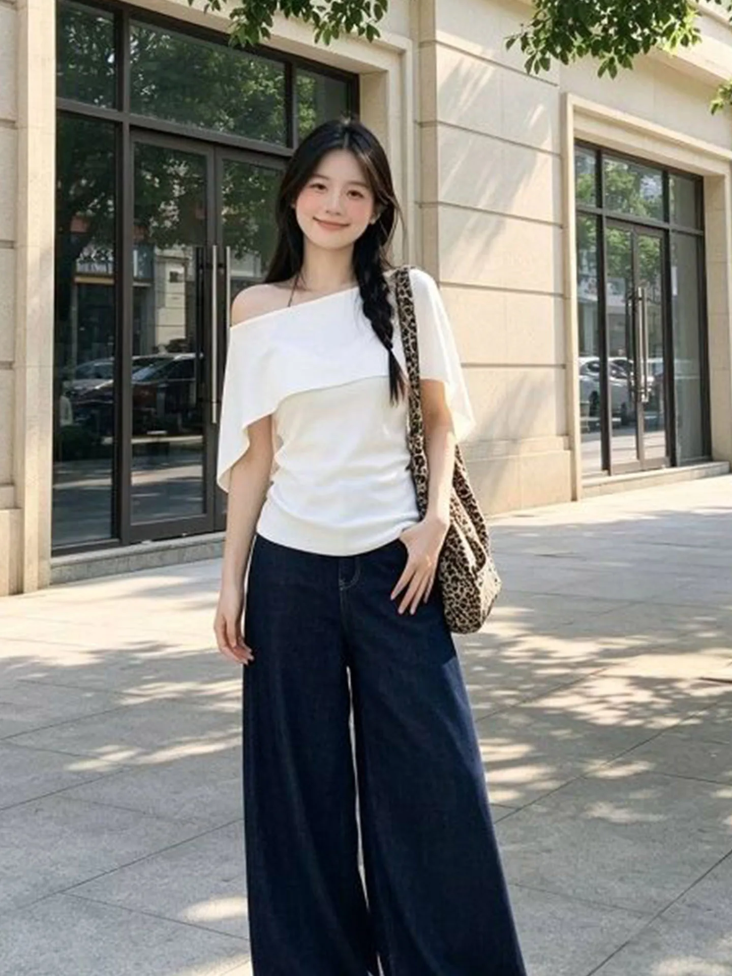 

Korean Style Lazy Shoulder T-Shirt Women's Summer Loose Waist Slimming Short Sleeve One-Shoulder Top High Waist Design Casual...
