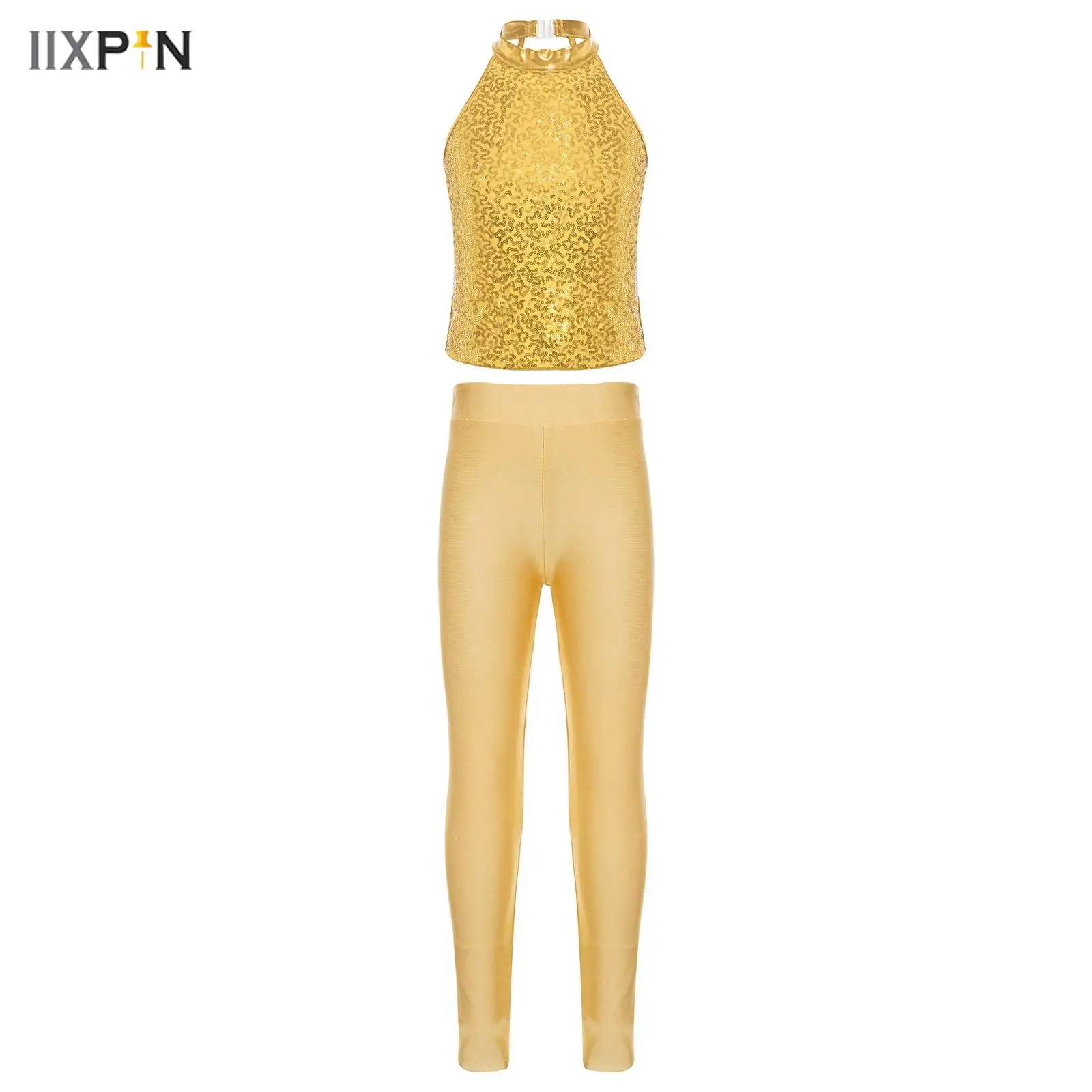 

2Pcs Kids Girls Jazz Dance Costume Gymnastics Set Sleeveless Halter Backless Sparkling Sequin Tank Crop Top+Leggings Pants