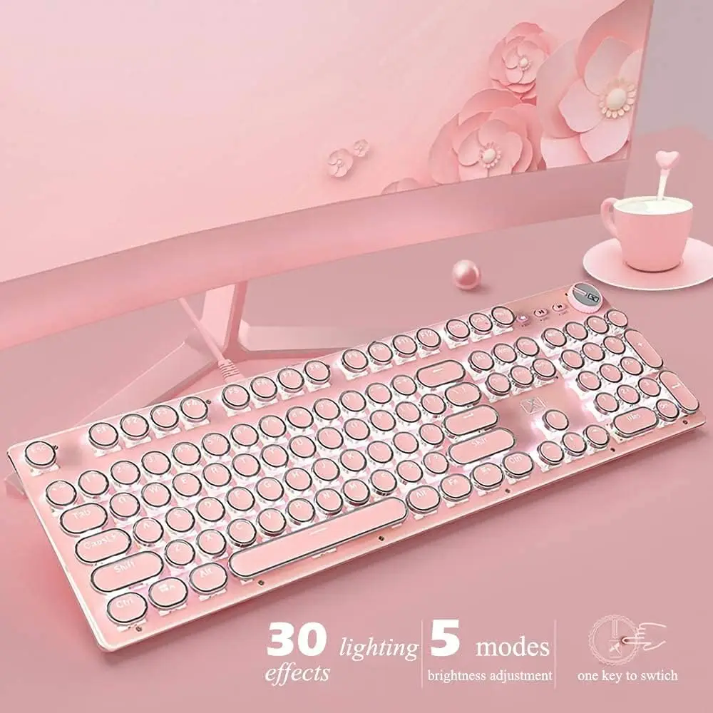 X9 Pink Typewriter Keyboard and Mouse,Retro Vintage Mechanical Gaming Keyboard with White LED Backlit