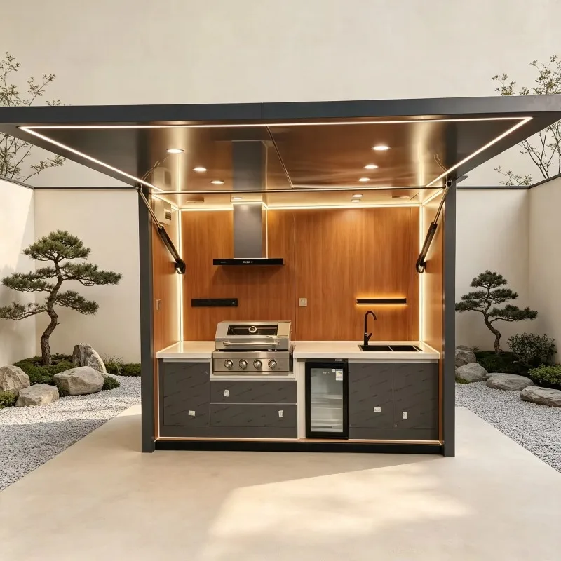 Customizable prefabricated outdoor kitchen with gas grill, sink, fridge and range hood for modern garden patios
