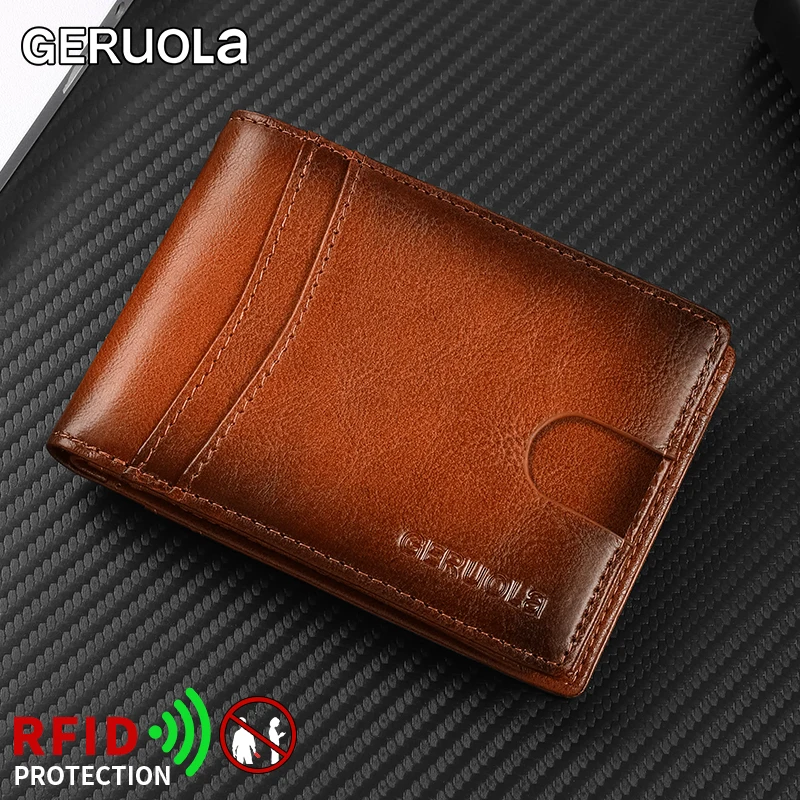 

GERUOLA Men's Ultra Thin Vintage Leather Tri-Fold Wallet - RFID Blocking Anti-Theft Slim Minimalist Design, Horizontal Card Hold