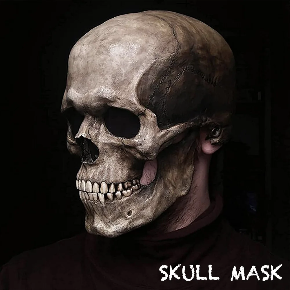 Creepy Halloween Full Head Skull Mask with Moving Jaw Rave Adult Entire Head Realistic Latex Helmet cary Skeleton Headgear