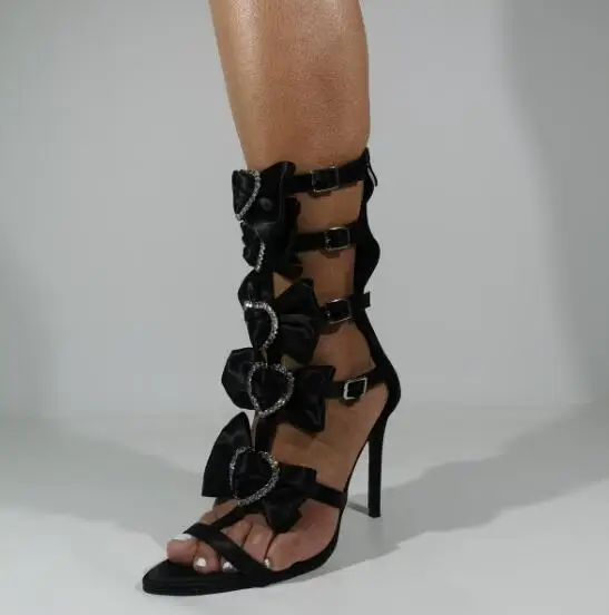 

New Women Black Satin Heart Crystal Butterfly Knot Strappy T-strap High Heels Shoes Open Pointy Long Knee High Sandals Boots