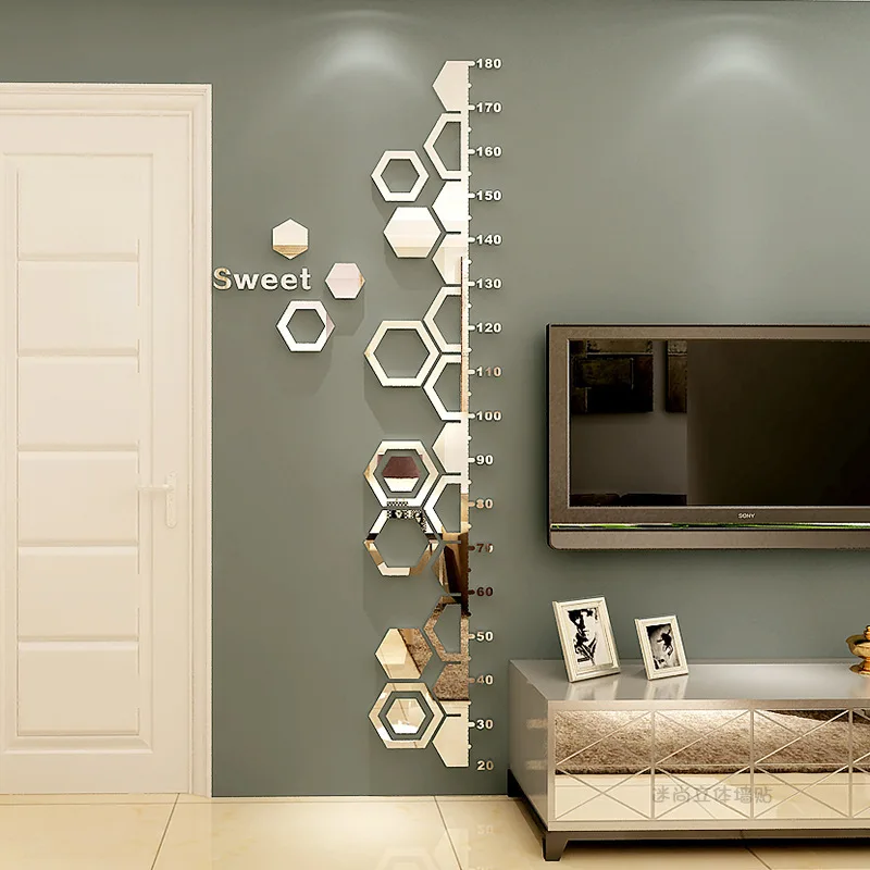 Pegatinas de pared con espejo acrílico, medida de altura para habitaciones de adultos y niños, tabla de crecimiento, regla de arte, papel tapiz, decoración de sala de estar